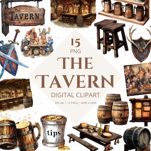 May include: Digital clipart set featuring tavern-themed illustrations. Includes images of a tavern sign, interior scenes, wooden barrels, mugs, and a tips bucket. The text "THE TAVERN" is prominently displayed.