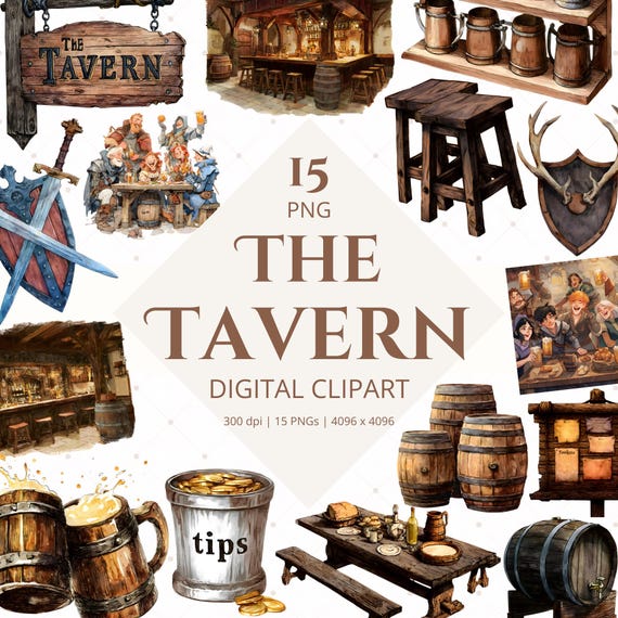 Tavern Watercolor Clipart Images, Medieval Fantasy Art PNG Bundle, Printable Digital Stickers for 5e TTRPG Roleplaying Game Instant Download