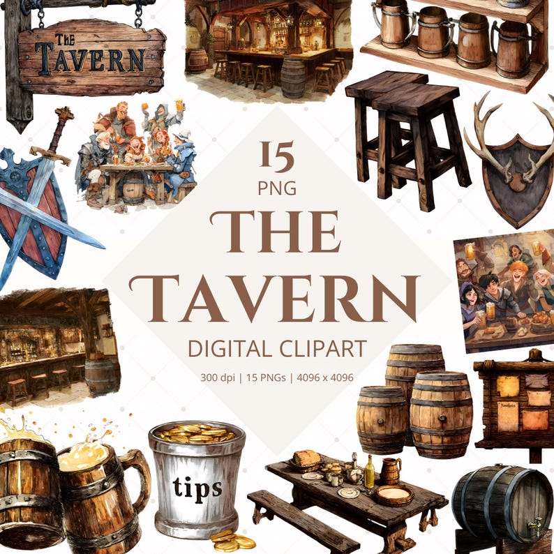 May include: Digital clipart set featuring tavern-themed illustrations. Includes images of a tavern sign, interior scenes, wooden barrels, mugs, and a tips bucket. The text "THE TAVERN" is prominently displayed.