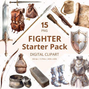 Puede incluir: Conjunto de imágenes prediseñadas digitales de acuarela con elementos de fantasía medieval. Incluye una espada, una mochila, una lanza, un arco y flechas, un escudo, una armadura, botas y otros accesorios. El texto dice "FIGHTER Starter Pack DIGITAL CLIPART".
