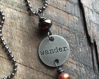 WANDER - Pendant Necklace, Stamped Necklace, Stamped Jewelry, Silver Charm Necklace, Inspirational Quote Necklace, Gift for Her