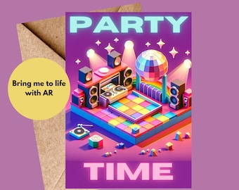 Animated party card with music, party invite card, birthday card, guest invite card, augmented reality card, party fun card, unique card