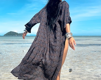 Boho Modal Kimono Robe – Geometric Block Print Beach Cover-Up ,galentines gifts, Handmade Fabric