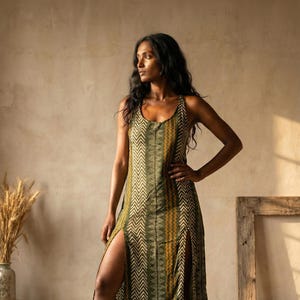 Maxi robe débardeur vert forêt en modal imprimé chevrons, fentes hautes, cadeaux saint valentin, tissu fait main