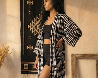 Black and White Ikat Kimono | Flowing Modal Duster Coat | Boho Lounge Wear Women