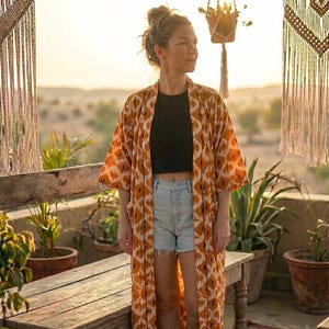 Boho Modal Kimono Robe - Geometric Block Print, Beach Cover-Up, Galentines gifts, Handmade Fabric