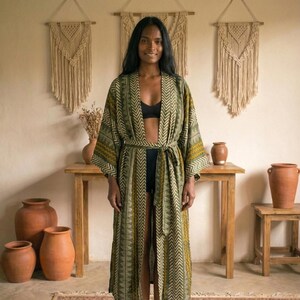Green Boho Rayon Kimono Robe, Tribal Zig Zag Duster ,galentines gifts, Handmade Fabric