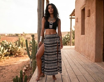 Tribal Doppelschlitz-Rock - Boho Festival Kleidung, handgemachter Stoff
