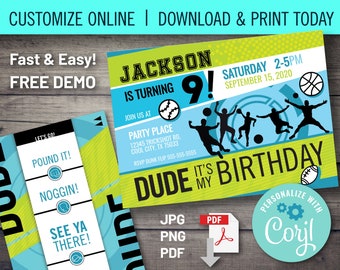 Custom Printable Dude Birthday Invitation. Perfect for Boys Sports / All-Star / Nerf Party! Edit Online! Free Demo!