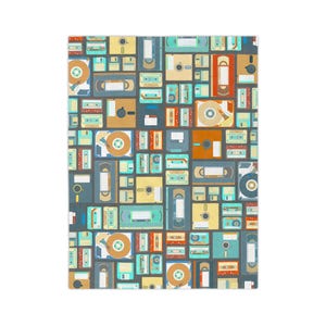 May include: A colorful pattern of cassette tapes and floppy disks in shades of blue, green, yellow, orange, and brown.