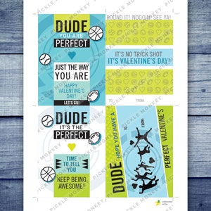 May include: Four printable Valentine's Day cards featuring a blue and green color scheme with sports-themed illustrations and text. The cards say "Dude you are perfect", "Just the way you are", "Dude it's the perfect time to tell you keep being awesome", and "Dude hope you have a perfect Valentine's".