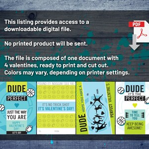 May include: Four printable Valentine's Day cards featuring a basketball theme. The cards have blue and green backgrounds with white text. The text on the cards includes "Dude You Are Perfect", "Just The Way You Are", "Hope You Have A Perfect Valentine's", and "Dude It's The Perfect".