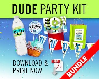 Dude Birthday Perfect Party Kit Bundle! Trick Shot Game, Bottle Flip Label, Cupcake Toppers, Banners, and Goodie Bags! All Downloadable!