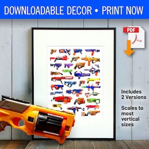 Op de afbeelding: Een downloadbare PDF om te printen van twee versies van een poster met een verzameling kleurrijke Nerf-blasters. De poster bevat de tekst "Bevat 2 versies" en "Schaalt naar de meeste verticale formaten".