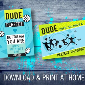 May include: Two printable Valentine's Day cards with a blue and green color scheme. The cards feature the text "Dude" and sports-themed graphics. The first card says "Dude you are perfect just the way you are. Happy Valentine's Day! Let's go!" The second card says "Dude hope you have a perfect Valentine's. To: From:"