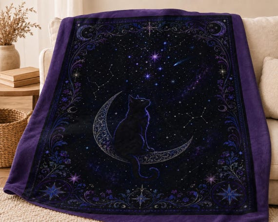 Black Cat Blanket, Celestial Moon Blanket, Witchy Cat Throw, Gothic Purple Blanket, Moon and Stars Decor, Mystical Cat Gift, Velveteen Throw