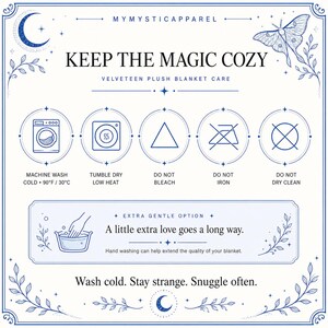 May include: A white informational card with blue text and line art detailing velveteen plush blanket care. It includes icons for machine wash cold 90F, tumble dry low, do not bleach, do not iron, and do not dry clean, plus hand wash instructions.