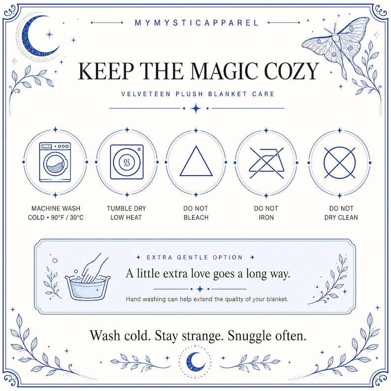 May include: A white informational card with blue text and line art detailing velveteen plush blanket care. It includes icons for machine wash cold 90F, tumble dry low, do not bleach, do not iron, and do not dry clean, plus hand wash instructions.