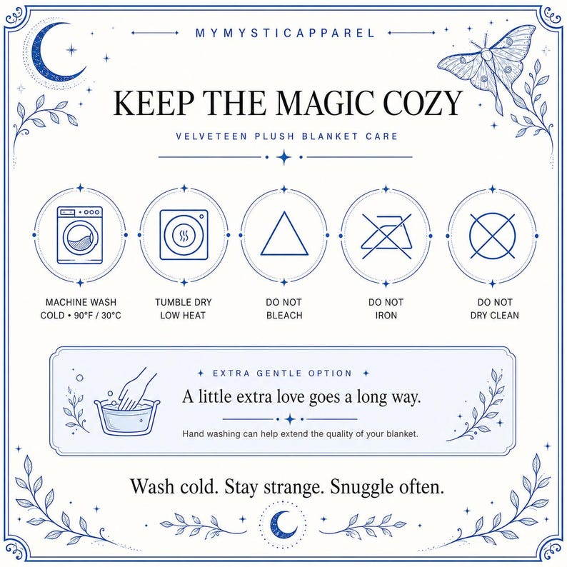 Puede incluir: Una tarjeta informativa blanca con texto y arte lineal en azul que detalla el cuidado de una manta de terciopelo. Incluye iconos para lavado a m&aacute;quina a 30C, secado a baja temperatura, no usar lej&iacute;a, no planchar y no lavar en seco, adem&aacute;s de lavado a mano.