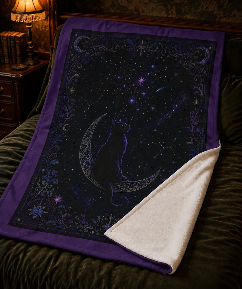 Puede incluir: Una manta rectangular con borde morado oscuro y reverso de forro polar blanco. El frente muestra un gato negro sentado sobre una luna creciente en un cielo estrellado, rodeado por un marco ornamentado con motivos florales y celestiales.