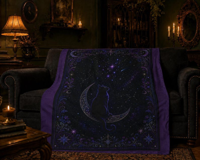 Puede incluir: Una manta rectangular con un borde morado oscuro y un campo central negro. El dise&ntilde;o muestra la silueta de un gato sentado sobre una luna creciente rodeado de estrellas, constelaciones y complejos patrones de volutas florales.