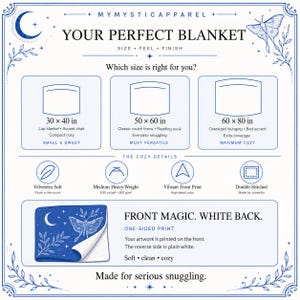 Puede incluir: Un gr&aacute;fico informativo para una manta de MyMysticApparel titulado Your Perfect Blanket. Muestra tres tama&ntilde;os: 30x40 pulgadas, 50x60 pulgadas y 60x80 pulgadas. Los detalles incluyen textura aterciopelada, peso medio y un estampado azul.