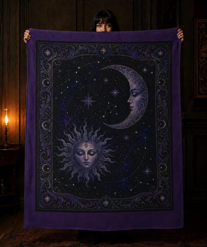 May include: A rectangular purple throw blanket featuring a central celestial design with a stylized sun face and a crescent moon face surrounded by stars and constellations. The border is decorated with intricate scrollwork and small moon phases.