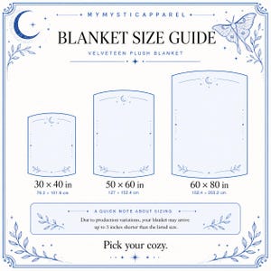 May include: A white informational chart titled BLANKET SIZE GUIDE for a velveteen plush blanket. It displays three rectangular sizes: 30 x 40 inches, 50 x 60 inches, and 60 x 80 inches, decorated with blue moon, star, and moth line art illustrations.