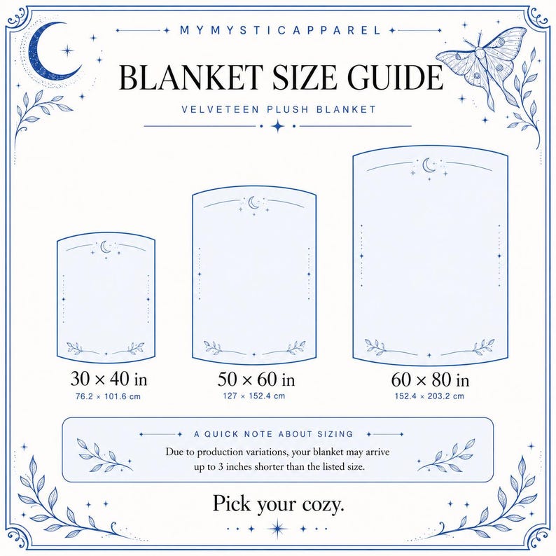 May include: A white informational chart titled BLANKET SIZE GUIDE for a velveteen plush blanket. It displays three rectangular sizes: 30 x 40 inches, 50 x 60 inches, and 60 x 80 inches, decorated with blue moon, star, and moth line art illustrations.