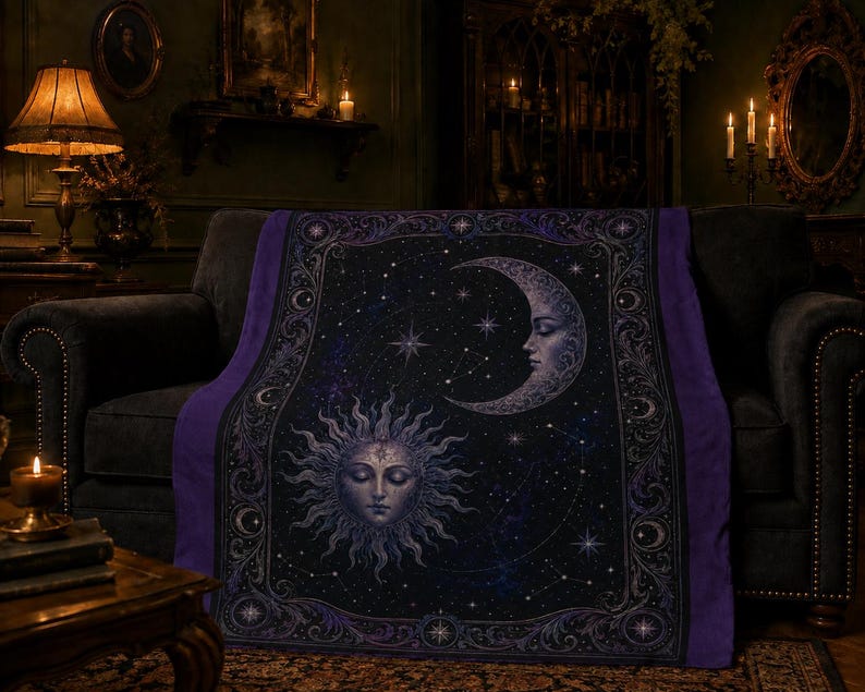 May include: A rectangular throw blanket featuring a dark navy and purple celestial design. The center displays a stylized sun and crescent moon with human faces, surrounded by stars and constellations. A decorative border frames the imagery.