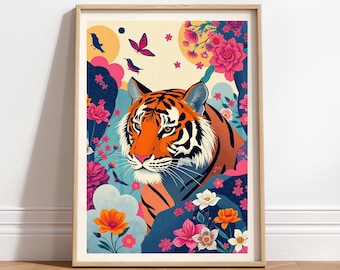 Maximalistisk tigerväggkonst utskrivbar – eklektiskt djurtryck, färgglatt feministiskt collage, modern bohodekor, livfull djungelestetisk poster