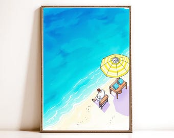 Beach Painting Wall Art Beach Decor Beach Art Minimal Wall Art Beach Print,Ocean View Wall Art, Summer Vibes Decor, Relaxing Seaside Poster