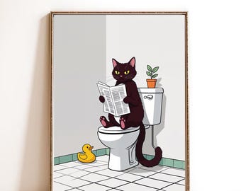 Quirky Wall Art | Funny Cat on Toilet Illustration | Minimalist Bathroom Decor | Whimsical Animal Print for Cat Lovers | Quirky home Design