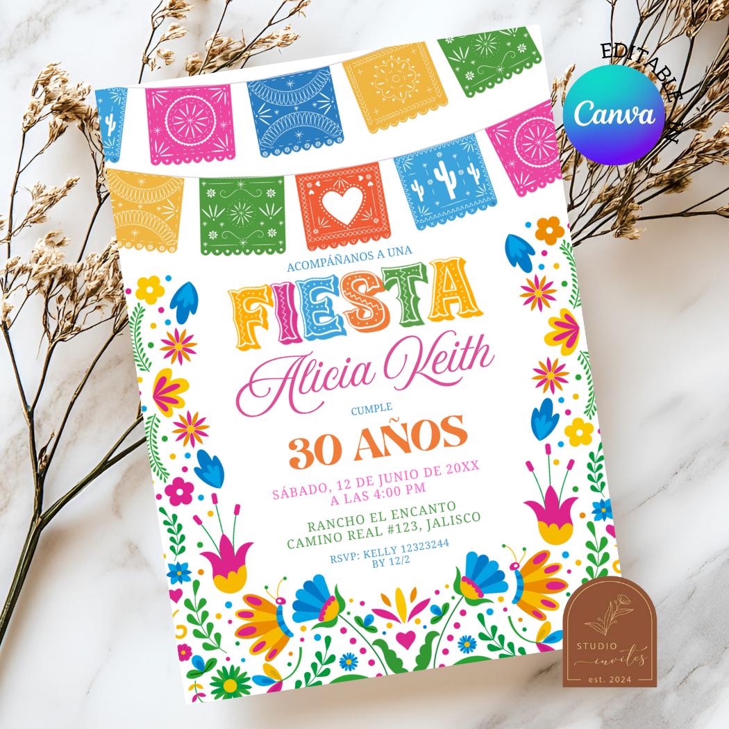 Colorful Talavera Mexican Fiesta Birthday Invitation, Spanish