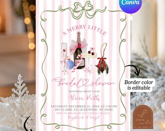 May include: A bridal shower invitation card featuring a pink and white striped background with a green decorative border. The design includes illustrations of a champagne bottle, a glass, cherries, and a bow, with text reading A MERRY LITTLE Bridal shower, Alicia Keith, and event details.