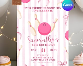 Invitation d'anniversaire « Bowling Girl » : l'heure du bowling ! Invitation d'anniversaire amusante, thème sportif, modifiable sur Canva (C173)
