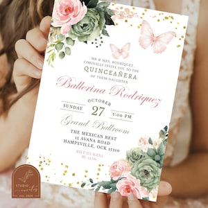 Sage Green and Pink Floral Quinceañera Invitation, Gold Glitter Mexican Birthday Girl, Butterfly and Floral Mis Quince Anos XV Invite A6