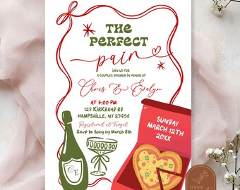 The Perfect Pair Pizza and Wine Couple Shower Invitation, Red Coquette Pizza Italian Engagement Party, Champagne Bridal Shower Invite AC25