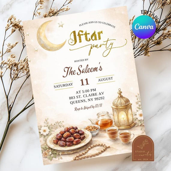Boho Beige Ramadan Iftar Party Invitation, Elegant Iftar Dinner Invite, Canva Editable Ramadan Eid Mubarak Islamic Celebration CE01