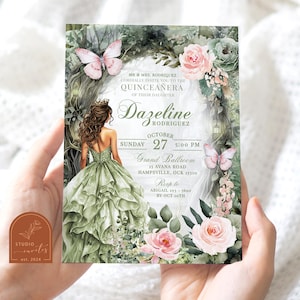 Sage Pink Whimsical Forest Quinceañera Invitation, Magical Forest Princess Quince Invites, Floral Butterfly Enchanted Mis Quince XV A14
