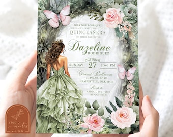 Sage Pink Whimsical Forest Quinceañera Invitation, Magical Forest Princess Quince Invites, Floral Butterfly Enchanted Mis Quince XV A14