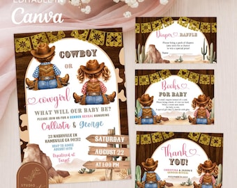 Rustic Western Cowboy or Cowgirl Gender Reveal Bundle Set, Wild West Gender Reveal Bundle, Canva Editable Boy or Girl Gender Reveal C137
