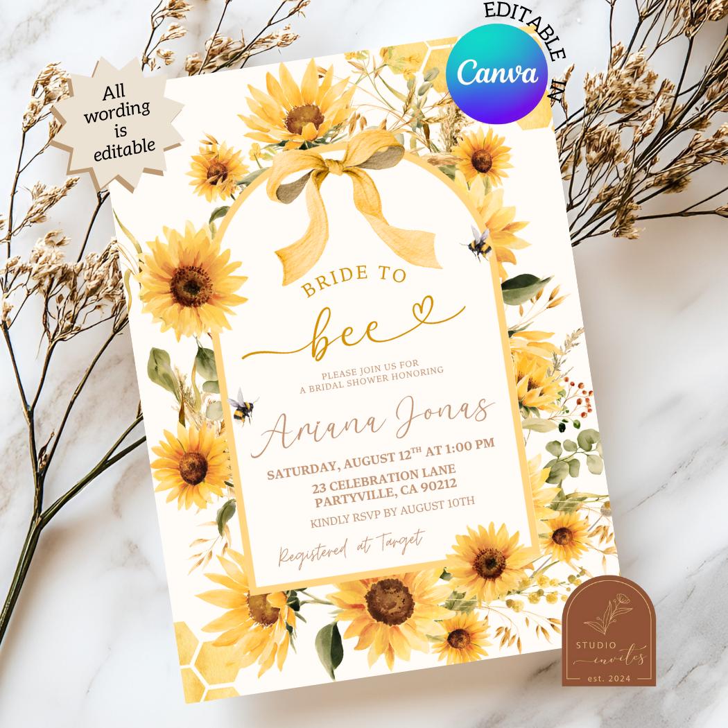Sunflower Coquette Bow Bridal Shower Invitation, Floral Bride to Bee Bridal Shower Invite, Canva Editable Bridal Shower Invitation C24