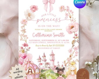 May include: A baby shower invitation with a princess theme. The invitation features a pink bow, floral accents, and a watercolor illustration of a castle and carriage. Text includes "Our Little Princess" and event details.