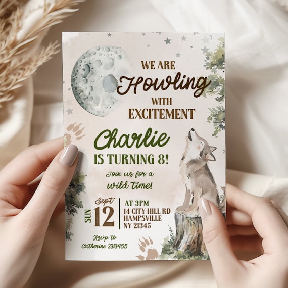 Forest Wolf Howling Birthday Invitation, Moon and wolf birthday Invite, Forest Wild Wolf Adventure Birthday, Wolf Howling Kid’s Birthday WZ2