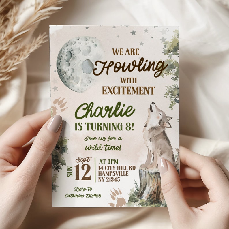 Wald Wolf Heulen Geburtstagseinladung, Mond und Wolf Geburtstag Einladung, Wald Wild Wolf Abenteuer Geburtstag, Wolf Heulen Kindergeburtstag WZ2 Bild 1