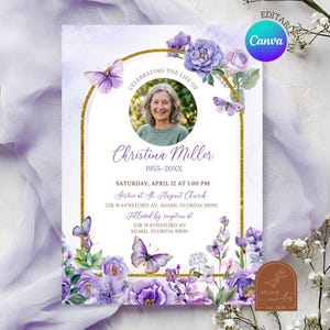 May include: A funeral programme template featuring a gold arch frame, purple watercolour flowers, and butterflies. The text reads Celebrating the Life of Christina Miller 1955-20XX, Saturday, April 12 at 1:00 PM, Service at St. August Church, 338 Wayneford Av, Miami.