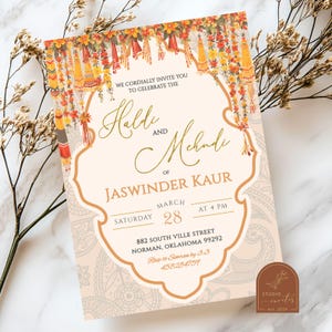 Convite para cerimônia de casamento Haldi e Mehndi, casamento Sikh Hindu, cerimônia Hindu Pithi, convite Sangeet indiano, cerimônia Dholki Maiyan AC27