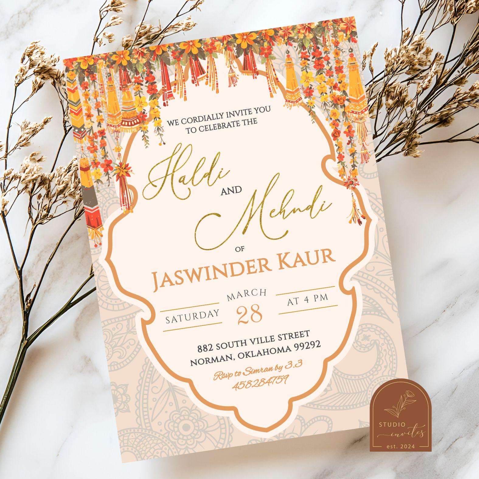 Haldi and Mehndi Wedding Ceremony Invitation, Sikh Hindu Wedding, Hindu Pithi Ceremony, Indian Sangeet Invite, Dholki Maiyan Ceremony AC27