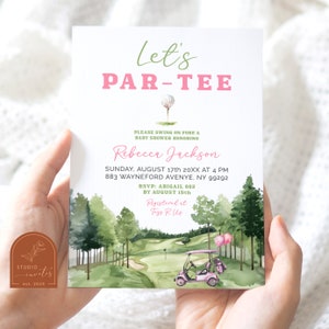 Bewerkbare golf roze babyshower uitnodiging, buiten zomersport babyshower, roze groen golfkar babyshower par-T-shirt uitnodigen C42